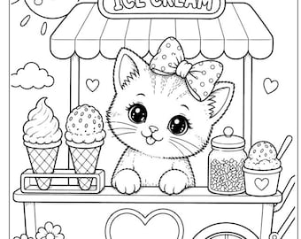 May include: Black and white illustration of a kitten selling ice cream from a cart. The cart has a sign that says "ICE CREAM" and features two ice cream cones, a jar of sprinkles, and a cup of ice cream. A smiling sun and clouds are in the background.