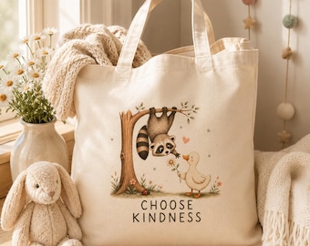 Choose Kindness Tote Bag, Teacher Gift, Cute Raccoon & Goose Canvas Tote,School Counselor Gift,Librarian Tote,Woodland Animal Book Lover Bag