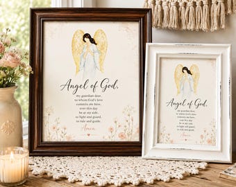 Angel of God Prayer Framed Print, Catholic Nursery Wall Art, Guardian Angel Prayer,Original Watercolor,  Baptism,Baby Shower and Christening
