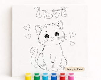 Paint Your Own Valentine Canvas, Cute Cat Painting for Kids, Valentine Party Favor, Mini Art Canvas, Kids Party Activity, Kitty Love Canvas