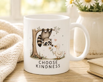 Choose Kindness Mug, Cute Raccoon & Duck Coffee Mug, Teacher Appreciation Gift, School Counselor Mug, Animal Lover Cup