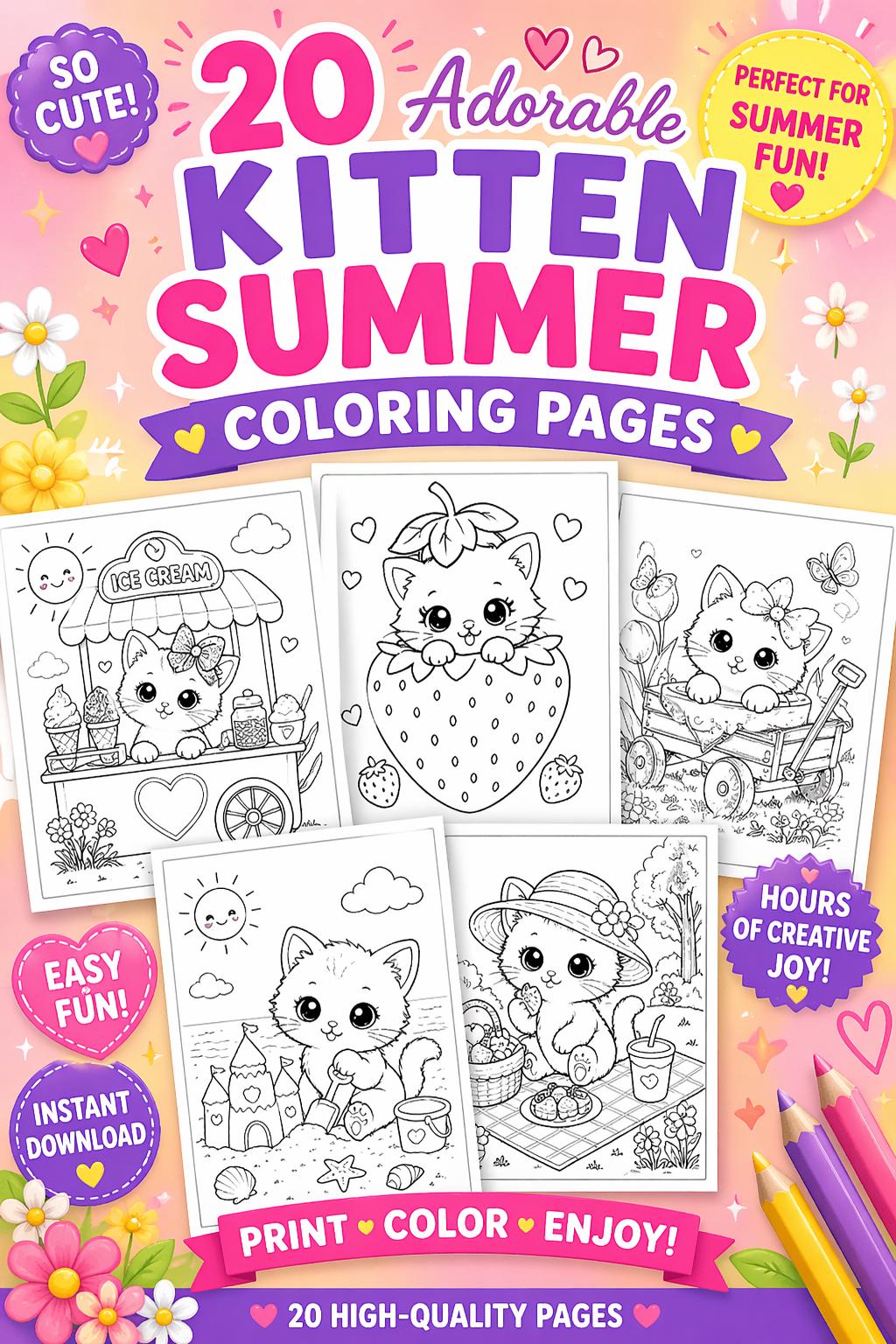 Cute Kitten Coloring Pages for Kids, 20 Adorable Summer Cat Coloring ...