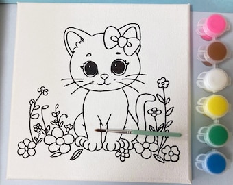 Kitty Paint Canvas, Pre Drawn Ready to Paint, Cat Theme Party, DIY Paint Canvas, Party Favors for Kids, MADE to ORDER
