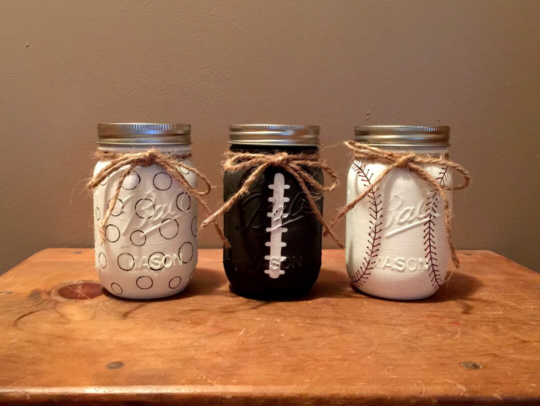 Salesports Theme Mason Jars, Set of 3 Pint Sports Mason Jars, Baseball, Football, Golf, Gift for