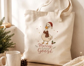 Merry Little Goose Christmas Tote Bag, Cute Holiday Canvas Tote, Goose Lover Gift, Festive Reusable Shopping Bag, Cozy Winter Market Tote