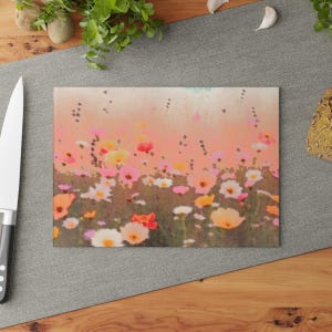 Wildflower Cutting Board, Spring Floral Glass Cutting Board, Charcuterie Board, Spring Kitchen Decor, Soft Floral Cutting Board, 8.5&quot; x 11&quot;