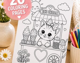 Cute Kitten Coloring Pages for Kids, 20 Adorable Summer Cat Coloring Sheets, Kitty Animal Coloring Book Printable, Kids Activity Gift PDF