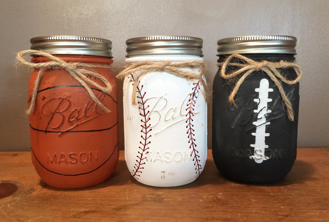 SALE, Sports Theme Mason Jars, Set of 3 Pint Sports Mason Jars, Football, Basketball, Baseball