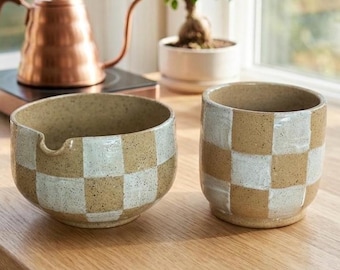 Ensemble matcha fait main en céramique | Bol et tasse Chawan | damier carré | Peint à la main