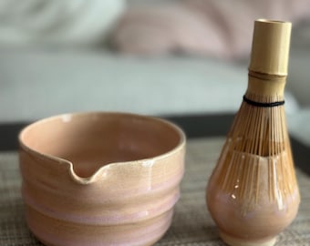 Handmade Matcha Bowl Set | Ceramic Chawan Whisk Holder | Pearlescent Pink