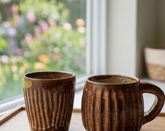 Mug en céramique fait main avec anse | Wabi sabi japonais | Tasse cannelée | Cadeau
