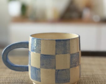 Handmade Blue & White Checkerboard Ceramic Mug - “Seconds” Piece
