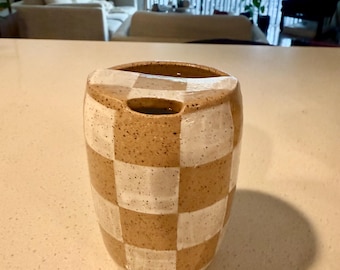 Handmade Ceramic Travel Cup with Lid | Checkered Square Pattern | To Go Cup