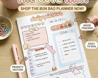 Agenda quotidien Bun Bao | Suivi d'objectifs kawaii, journal d'humeur (téléchargement numérique)