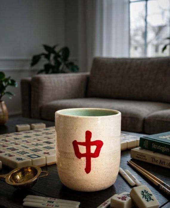 Handmade Ceramic Mahjong Cup | Mahjong Game Prize Winner Handpainted Gift