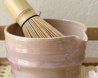Ensemble de bols à matcha faits main | Porte-fouet Chawan en céramique | Rose nacré