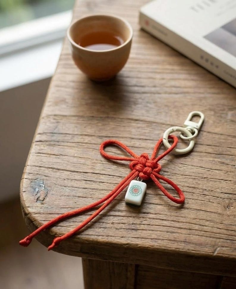 Puede incluir: Un llavero con un cord&oacute;n de color naranja brillante atado en un nudo decorativo, unido a una anilla de metal blanco. Una peque&ntilde;a pieza rectangular blanca con un dise&ntilde;o gr&aacute;fico floral en verde y rojo cuelga del centro del cord&oacute;n anudado.