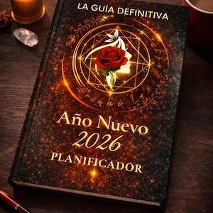 Könnte beinhalten: Ein Planer für das Jahr 2026 mit dem Titel "Año Nuevo 2026 Planificador" in Gold. Das Cover zeigt eine rote Rose, ein Frauenprofil und geometrische Muster. Der Hintergrund ist dunkel mit Sterneneffekt und dem Text "LA GUÍA DEFINITIVA".