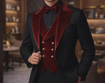 Black Burgundy Velvet Groom Suit | Peak Lapel, Double-Breasted Waistcoat (Custom Made)