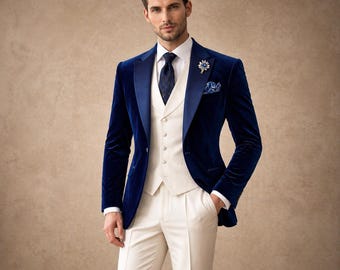Navy Velvet 3-Piece Wedding Suit | Ivory Waistcoat & Trousers, Satin Lapels