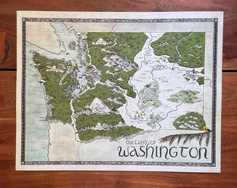 Hand-Drawn Washington Map Print: Fantasy Style Art (11x14 or 16x20)