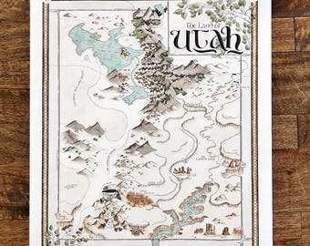 Hand-Drawn Utah Map Print: Fantasy Style Art (11x14 or 16x20)