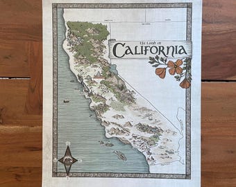 Hand-Drawn California Map Print: Fantasy Style Art (11x14 or 16x20)