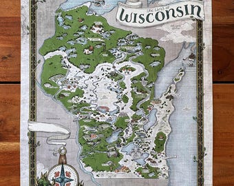 Hand-Drawn Wisconsin Map Print: Fantasy Style Art (11x14 or 16x20)