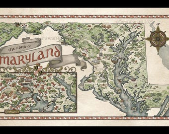 Maryland Fantasy Map - Hand-drawn fantasy map of Maryland - 12 x 20 print