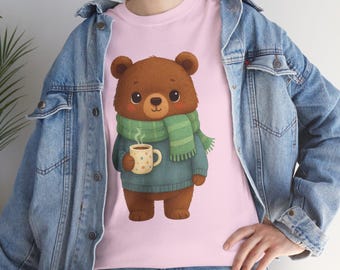 personalized gift. Cozy Bear with Mug T-Shirt | Winter Bear Illustration, Warm Drink Tee