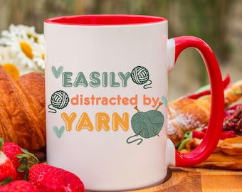 Easily distracted by yarn mug, 11oz 15oz, ceramic, yarn lover coffee mug, crochet knitter lover gift, yarn lover gift, crocheter gift