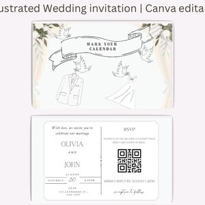 May include: Illustrated wedding invitation with a minimalist design. The top card features line drawings of a suit, dress, doves, and a banner that says "MARK YOUR CALENDAR". The bottom card includes names, date, time, location, and an RSVP section with a QR code.