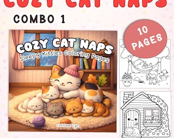 Cozy Cat Naps- Combo 1 - 10 Pages of Cute and Cozy Coloring Book for Adults, Teens Featuring Cottage Core Kitties