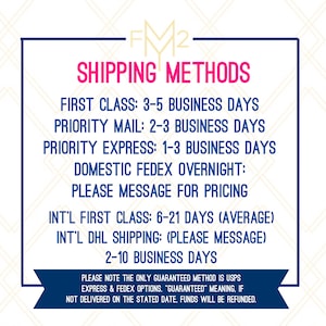 May include: A graphic with the text "FM2 SHIPPING METHODS" and a list of shipping methods with estimated delivery times. The text includes: "First Class: 3-5 Business Days", "Priority Mail: 2-3 Business Days", "Priority Express: 1-3 Business Days", "Domestic Fedex Overnight: Please Message for Pricing", "Int'l First Class: 6-21 Days (Average)", "Int'l DHL Shipping: (Please Message) 2-10 Business Days". The text also includes a note that the only guaranteed method is USPS Express & Fedex options. "Guaranteed" means if not delivered on the stated date, funds will be refunded.
