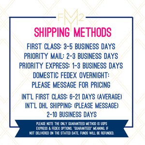 May include: A graphic with the text "FM2 SHIPPING METHODS" and a list of shipping methods with estimated delivery times. The text includes: "First Class: 3-5 Business Days", "Priority Mail: 2-3 Business Days", "Priority Express: 1-3 Business Days", "Domestic Fedex Overnight: Please Message for Pricing", "Int'l First Class: 6-21 Days (Average)", "Int'l DHL Shipping: (Please Message) 2-10 Business Days". The text also includes a note that the only guaranteed method is USPS Express & Fedex options. "Guaranteed" means if not delivered on the stated date, funds will be refunded.