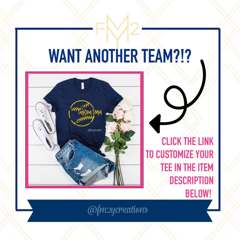 May include: A navy blue t-shirt with a gold baseball graphic and the text "Custom Team" on a white wooden background. The t-shirt is styled with denim shorts and white trainers. The text "CLICK THE LINK TO CUSTOMIZE YOUR TEE IN THE ITEM DESCRIPTION BELOW!" is displayed in a pink box with a black arrow pointing to the t-shirt.