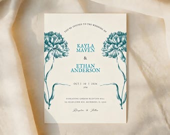 de Faire-part de mariage floral bleu sarcelle | Faire-part de mariage élégant (téléchargement numérique imprimable et modifiable sur toile)