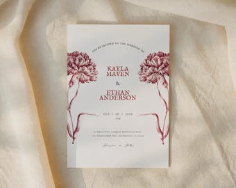 de Faire-part de mariage floral rouge | Faire-part de mariage élégant (téléchargement numérique imprimable et modifiable sur toile)