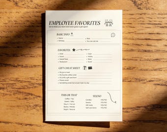 Modèle de liste de favoris des employés | Enquête « Apprenez à me connaître » auprès d'un collègue, appréciation du personnel, animation d'équipe imprimable (toile modifiable)