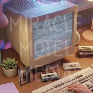 May include: An old computer monitor with a futuristic holographic display above it. A person is typing on a vintage keyboard. Cassette tapes and notebooks are on the desk. The monitor displays static.
