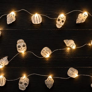 May include: A string of LED fairy lights featuring white, translucent decorative shapes including skulls, ghosts, and pumpkins. Each ornament is illuminated from within by a warm white light, connected by a thin, flexible silver-colored wire.
