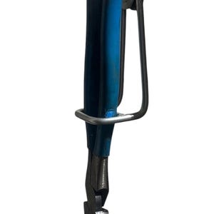 May include: A pair of pliers with blue handles and a metal frame. The pliers are made of black metal and are designed for gripping and cutting. The handles are a vibrant blue color.