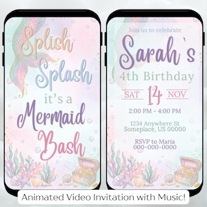Könnte beinhalten: Zwei Smartphone-Bildschirme zeigen eine digitale Geburtstagseinladung mit Meerjungfrauen-Motiv. Der linke Bildschirm zeigt Splish Splash it's a Mermaid Bash. Der rechte Bildschirm enthält Sarah's 4th Birthday, Datum, Uhrzeit, Ort und RSVP.
