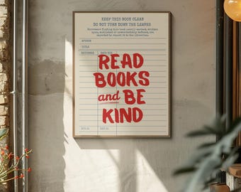 Read Books and Be Kind Print, Library Card Book Lover Wall Art, Vintage Reading Décor, Gift for Readers