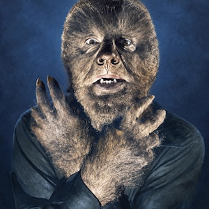 May include: A portrait of a werewolf character with brown fur, pointed ears, and sharp teeth, wearing a dark button-down shirt. The creature has its furry hands raised near its face. The text Boris Howler is printed in white in the bottom corner.