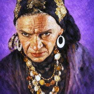 May include: An oil painting of an older person with a stern expression, wearing a black headscarf with gold floral patterns, large white hoop earrings, and a multi-layered necklace of amber and white beads against a vibrant purple background.