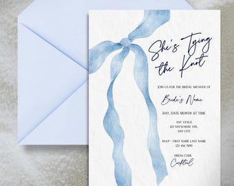 She’s Tying the Knot Bridal Shower Invitation Template | Blue Bow Editable Invite | Digital Download Printable Wedding Shower Card
