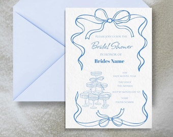 Editable Bridal Shower Invitation | Blue Ribbon Champagne Tower | Digital Download | Printable Invite | Elegant Boho Invitation Template
