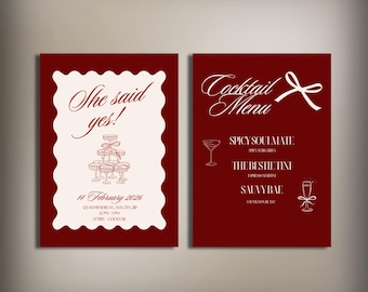 Burgundy Engagement Party Invitation & Cocktail Menu, Canva Template