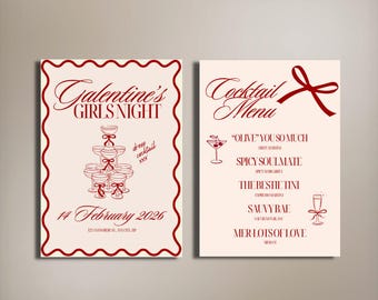 Editable Galentine's Day Invitation & Cocktail Menu, Coquette Girls Night (Canva Template)